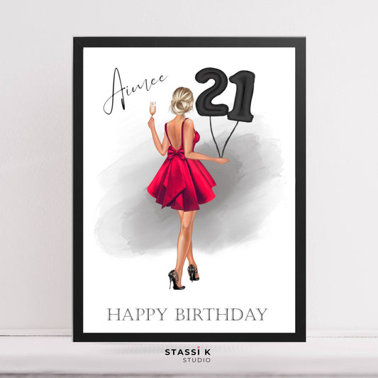 Girl holding number 21 balloons illustration. Text reads Happy Birthday and personalised with name.
