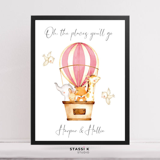 Oh the places you'll go quote with hot air balloon and baby animals watercolour illustration. Personalised with name.