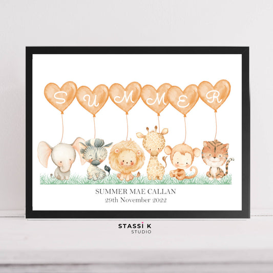 Baby name print. Illustrated baby jungle animals each hold an individual heart shaped balloon with one letter which together spell a name. Personalised with baby's name and date of birth at bottom.