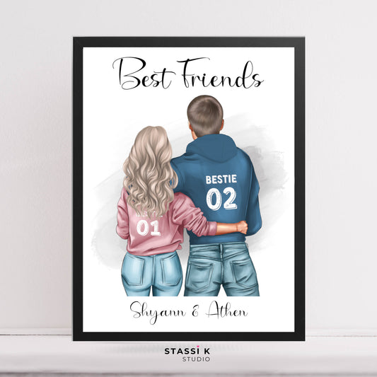 Boy and girl with best friend hoodies illustration print