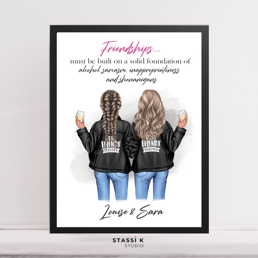 Two girls with best friend text on jackets illustration print