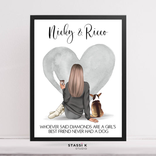 Girl and dog illustration print personalised with custom names/text and quote.