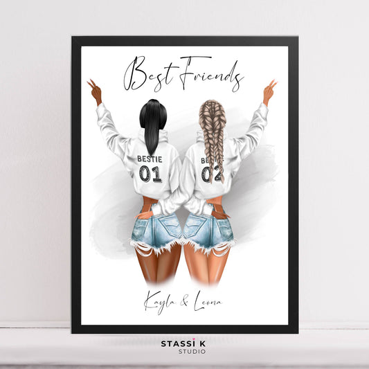 Best friend two girls illustration with bestie hoodies and personlised with names and custom text.
