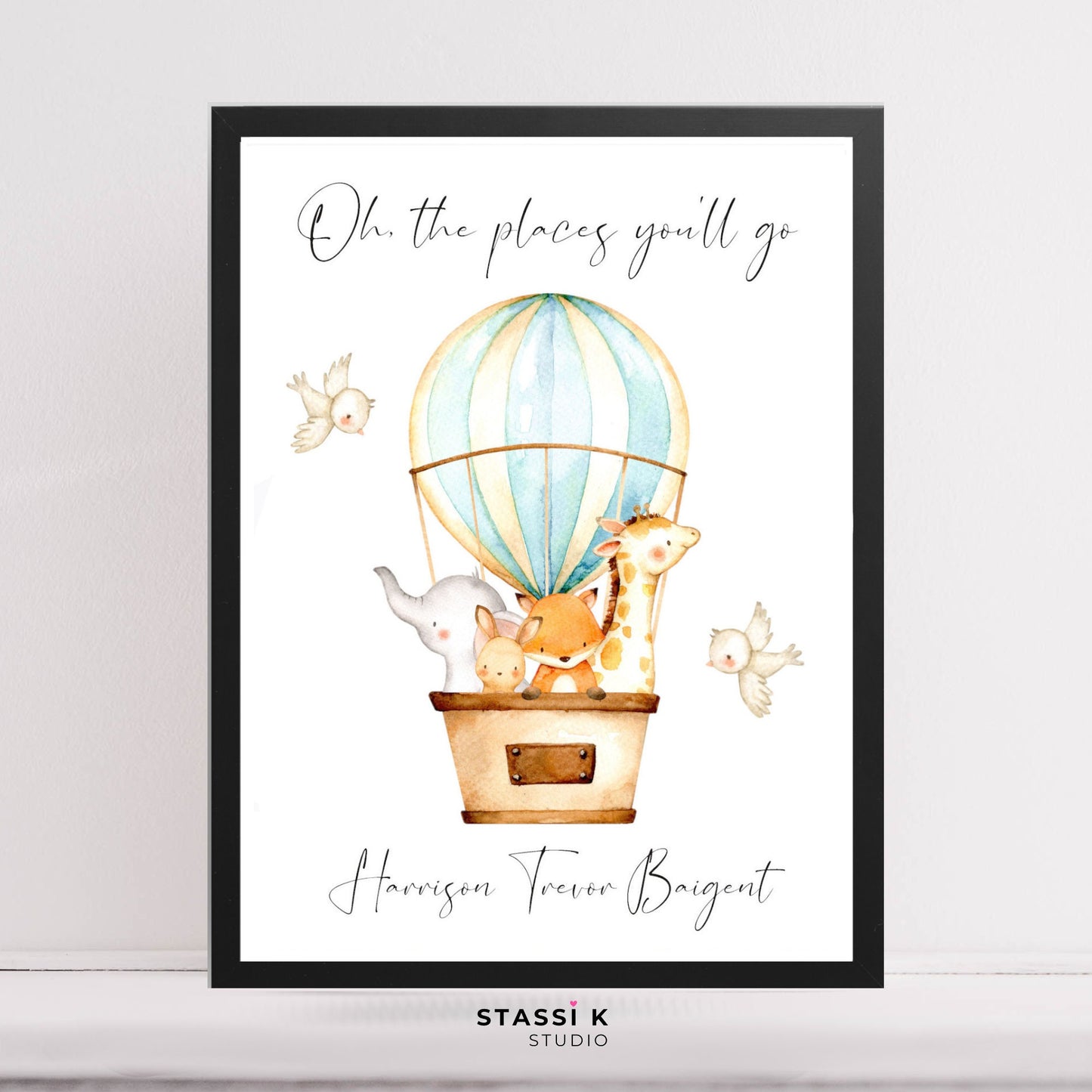 Oh the places you'll go quote with hot air balloon and baby animals watercolour illustration. Personalised with name.