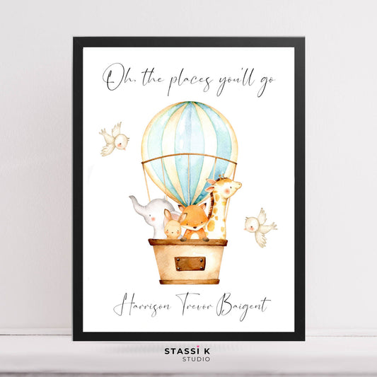 Oh the places you'll go quote with hot air balloon and baby animals watercolour illustration. Personalised with name.