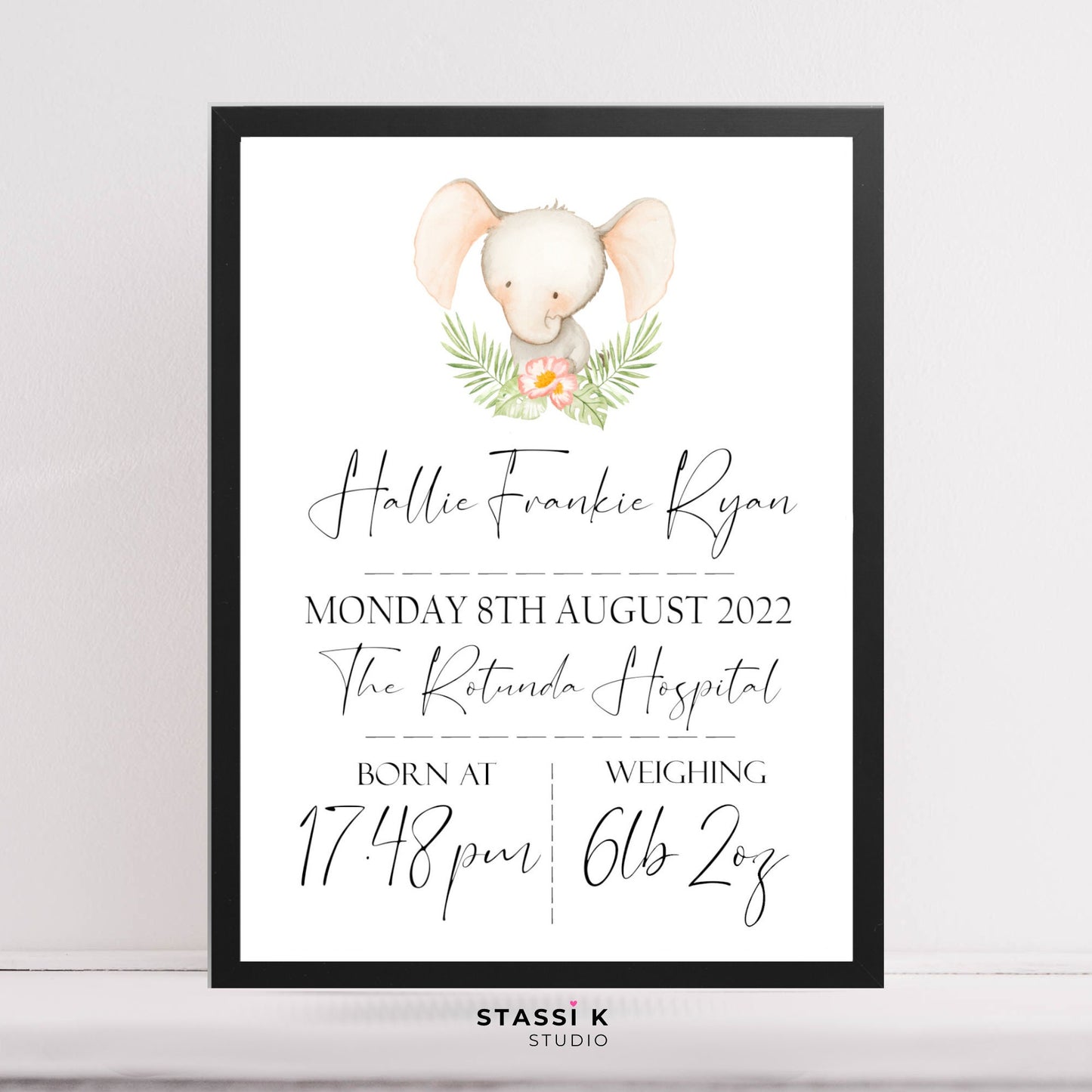 Personalised Baby birth details print with choice of baby animal illustration.