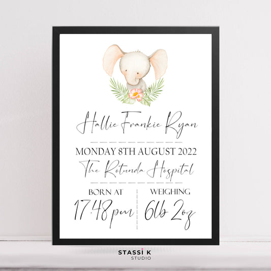 Personalised Baby birth details print with choice of baby animal illustration.