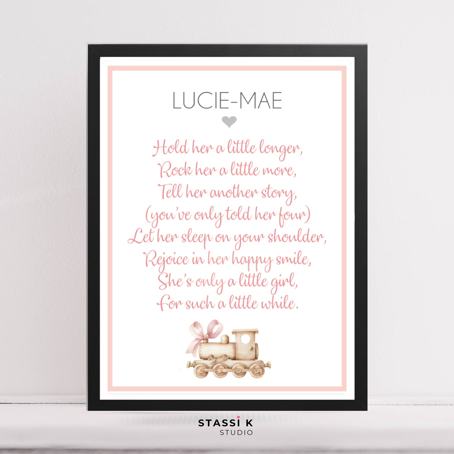 Nursery wall print with Hold her a little longer poem, train illustration and personalised with child's name.
