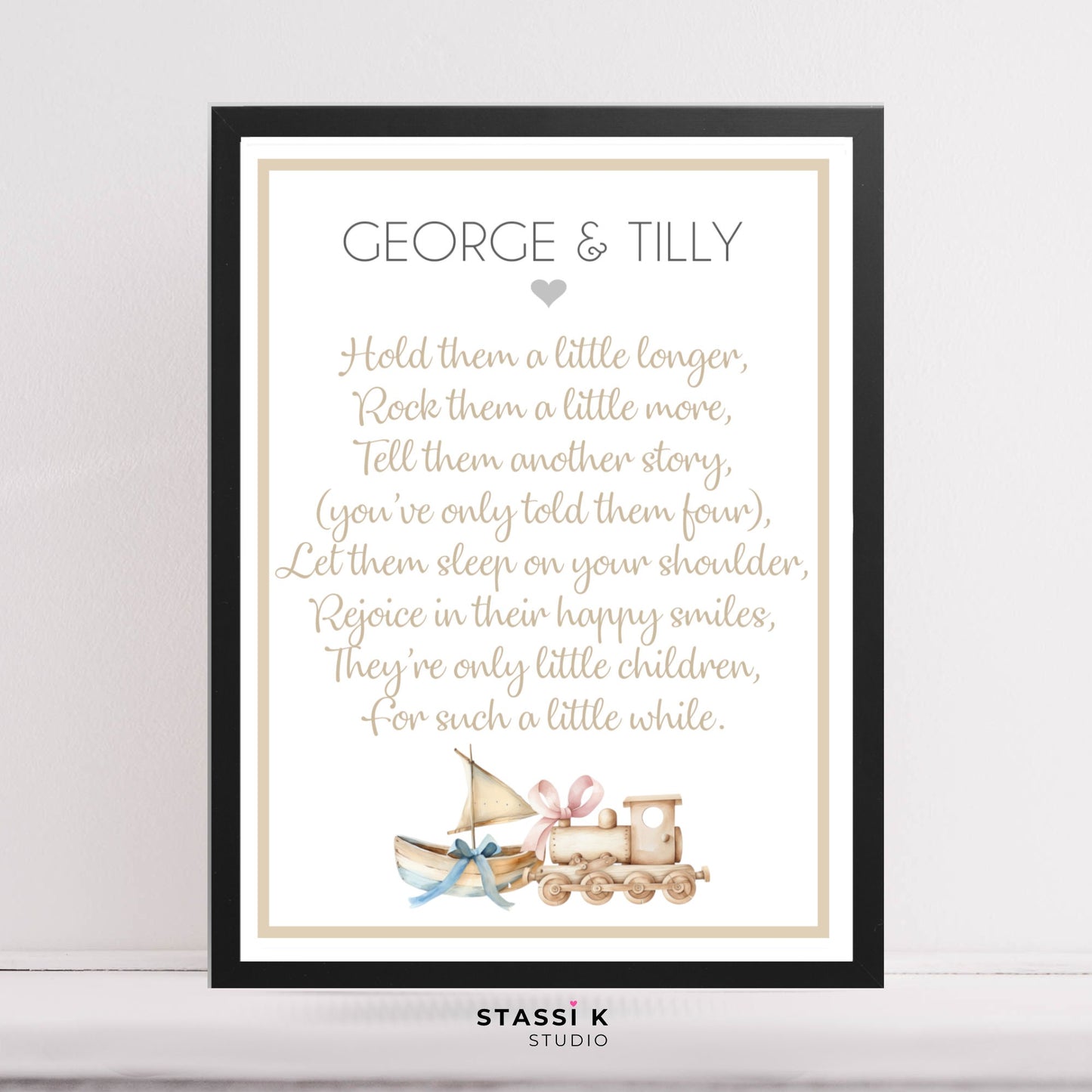 Nursery wall print for twins with Hold them a little longer poem, train and boat illustration and personalised with children's names.