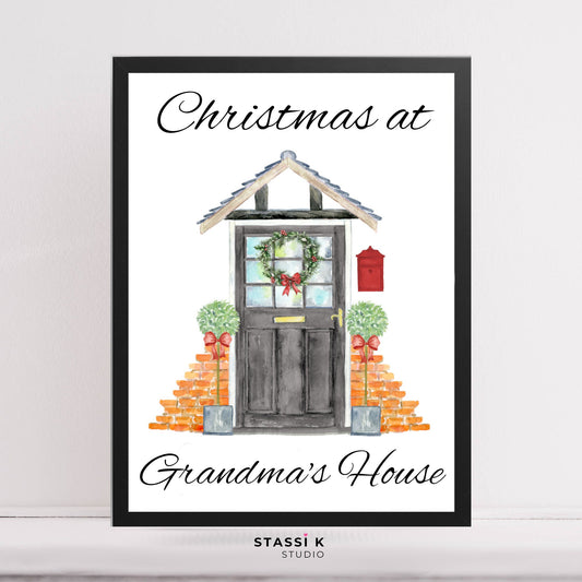 Festive front door illustration print with custom text.