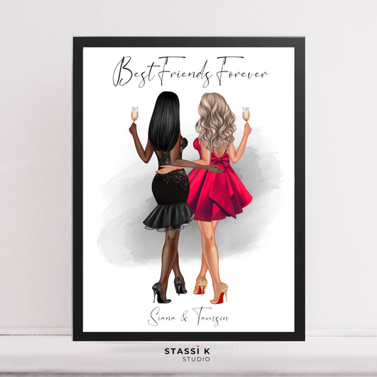 Two girls illustration, party dresses and holding champagne, Customised with names and Best Friends Forever text