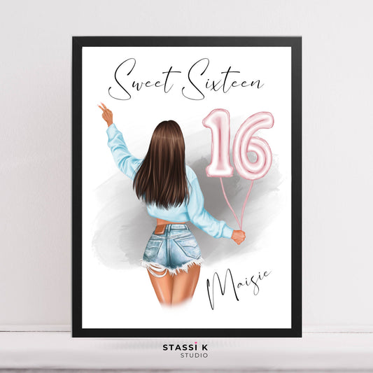 Girl holding number 16 balloons birthday illustration. Heading text reads Sweet Sixteen and customised with name.