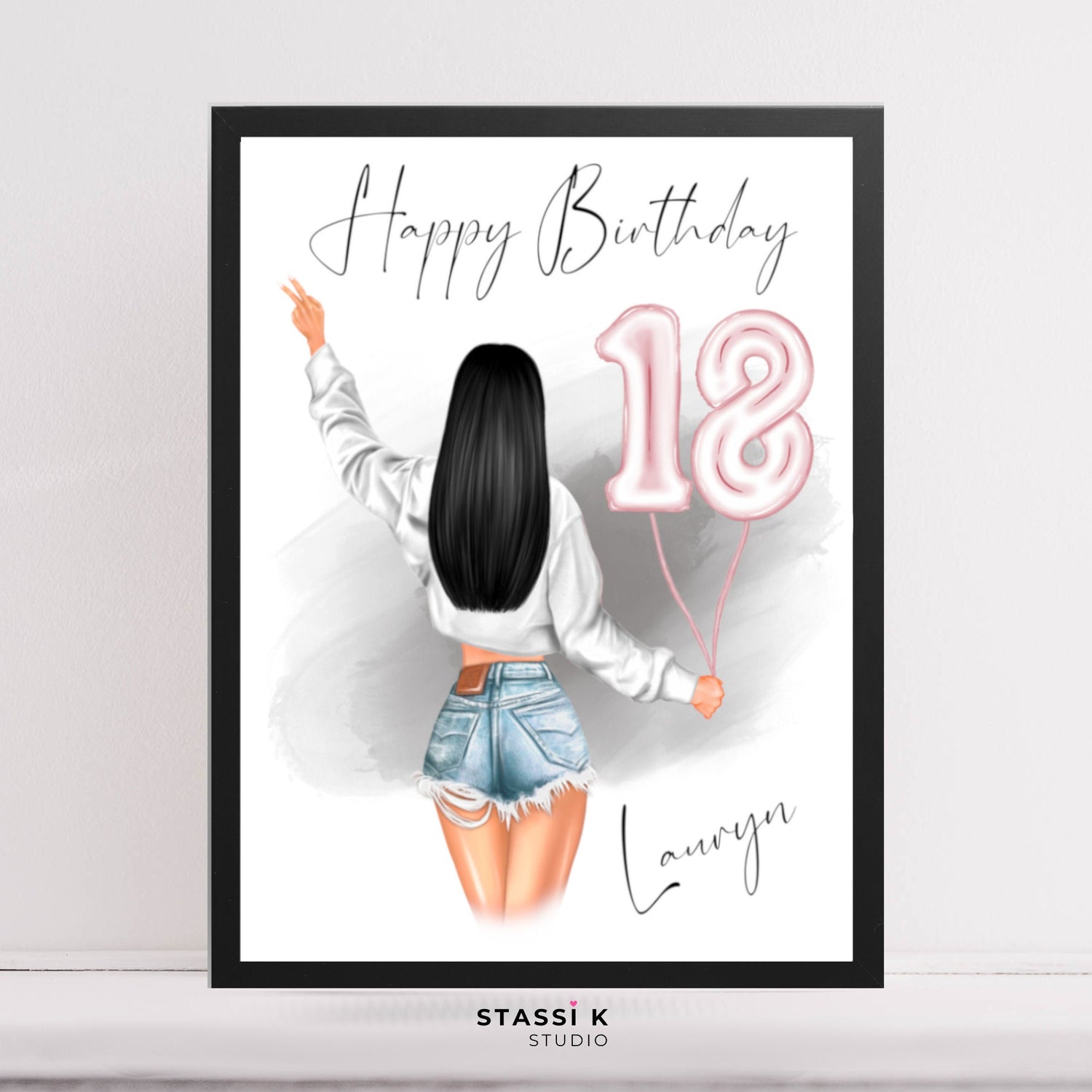 Girl holding number 18 balloons illustration. Heading reads Happy Birthday and personalised with name.
