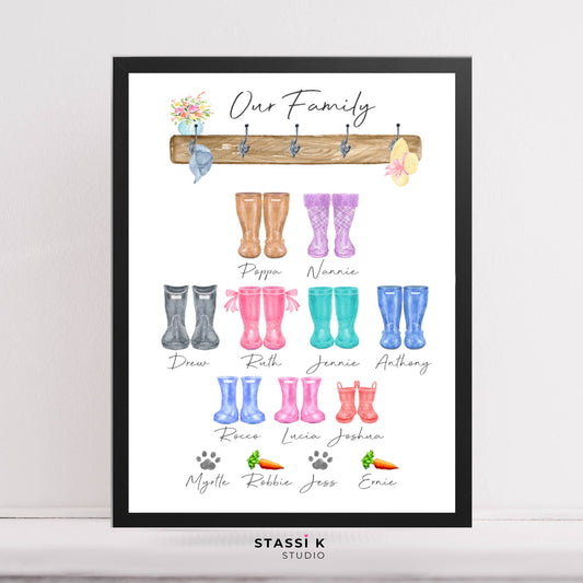 Personalised Welly Boot Family Tree Print