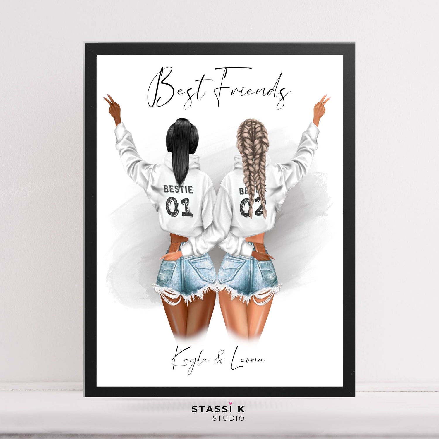 Best friend two girls illustration with bestie hoodies and personlised with names and custom text.
