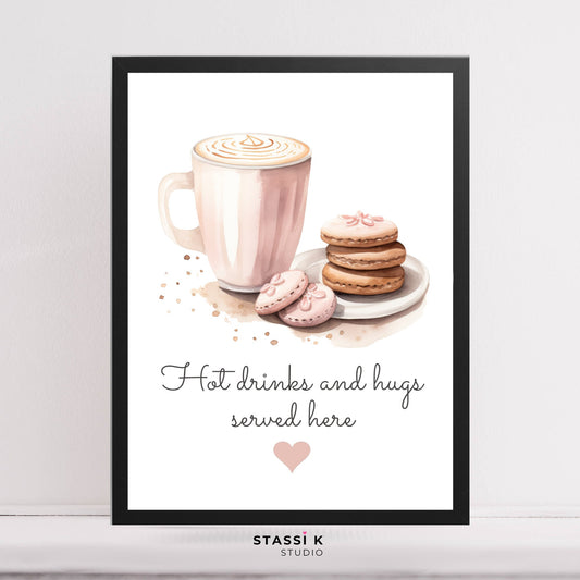 Hot chocolate station sign with hot drinks and hugs quote and hot drink illustration
